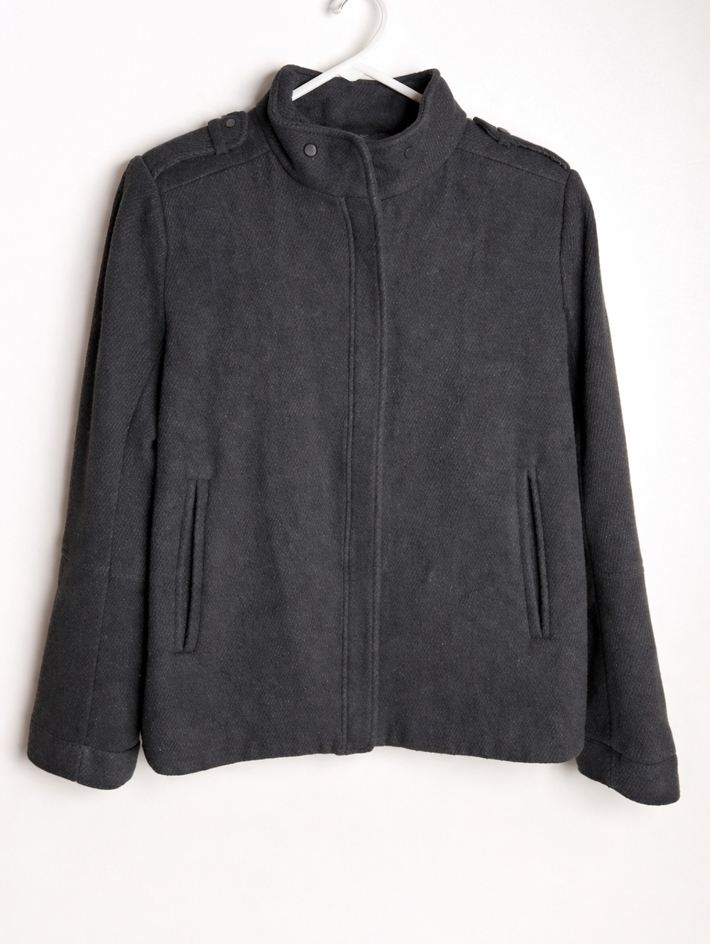 Vince Women's Gray Wool Blend Military Moto Zip-Up Mock Neck Jacket, 10